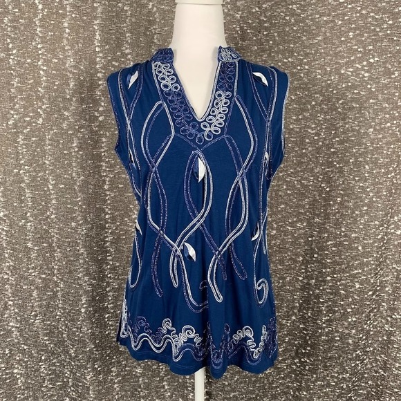 Lauren Michelle Tops - Vintage Lauren Michelle Blue Embroidered Tank Top Boho Women's M